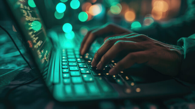 Close-up of a person's hands typing on a laptop keyboard