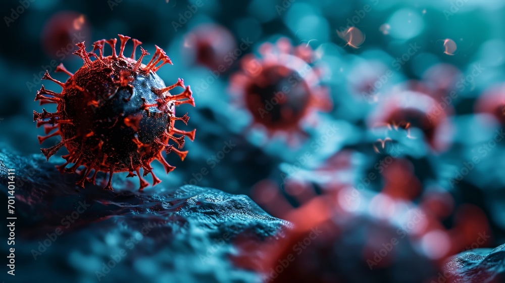 Poster a group of red and black viruses floating in a blue background generative ai