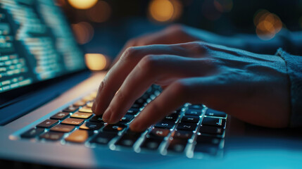 Close-up of a person's hands typing on a laptop keyboard