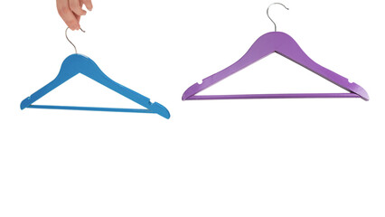Blue hanger in woman hand isolated.