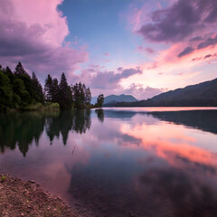 Fototapeta premium Serene Twilight: Reflective Waters and Pastel Skies with Trees and Mountains in the background