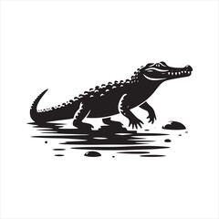 Crocodile Silhouette: Bold River Stalker in Striking Black Vector - Reptile Stock Vector
