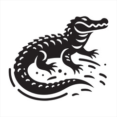 Crocodile Silhouette: Menacing Alligator Presence in Bold Black Vector - Reptile Stock Vector
