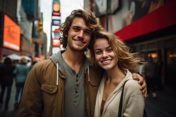 Fototapeta premium Smiling Young Couple Embracing on a Bustling Big City Street 