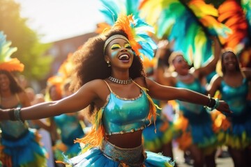 Three Women dancers in brazilian samba carnival costumes. Brazilian Carnival. Group of people celebrating carnival in Brazil. - obrazy, fototapety, plakaty