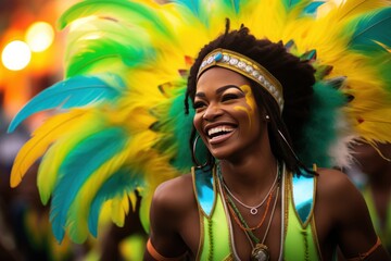 Three Women dancers in brazilian samba carnival costumes. Brazilian Carnival. Group of people celebrating carnival in Brazil.