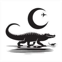 Black Vector Crocodile Silhouette: Terrifying River Predator in Striking Shadow - Reptile Stock Vector
