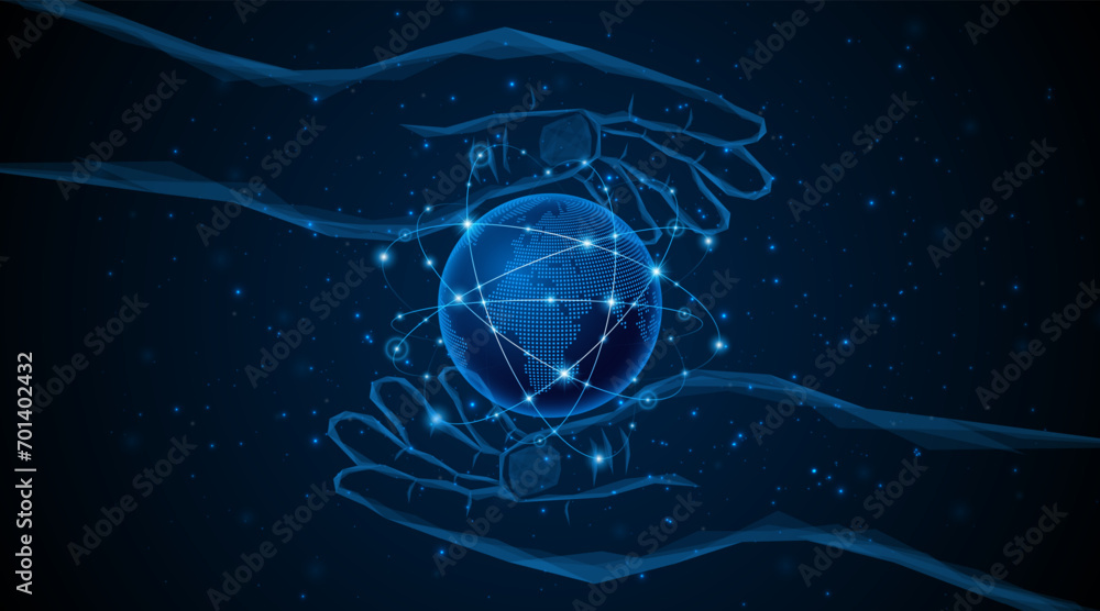 Poster abstract hand holding the world. global connection network. world map. internet technology concept o