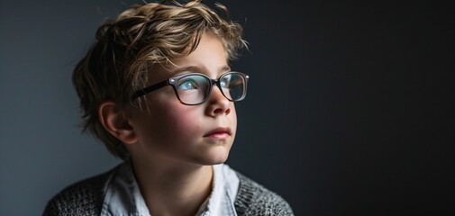 Young boy wearing glasses and looking upwards Generative AI
