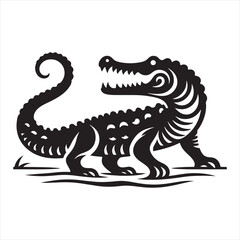 Black Vector Crocodile Silhouette: Lurking Swamp Menace in Detailed Shadow Form - Reptile Stock Vector
