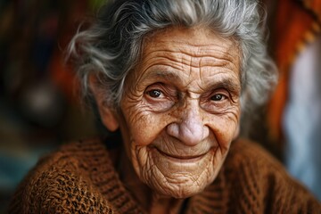 An elderly woman with wrinkled skin and a smile on her face Generative AI