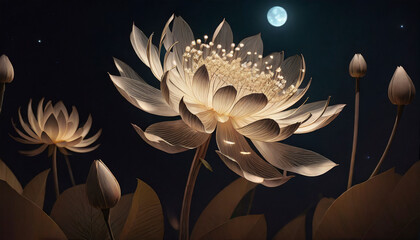 Beautiful lotus in the pond at night. Selective focus.