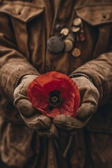 A person holding a red poppy flower. Generative AI