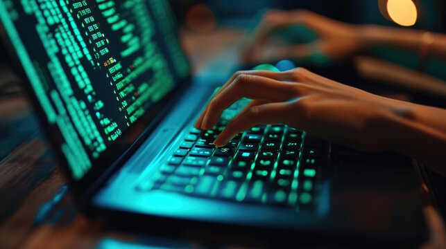 Close-up of a person's hands typing on a laptop keyboard