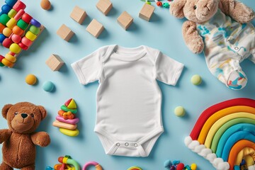 A white baby's outfit on a blue background with toys and blocks. Generative AI