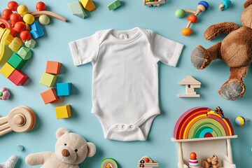 A white baby's outfit on a blue background with toys and a teddy bear. Generative AI - obrazy, fototapety, plakaty