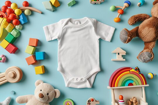 A white baby's outfit on a blue background with toys and a teddy bear. Generative AI