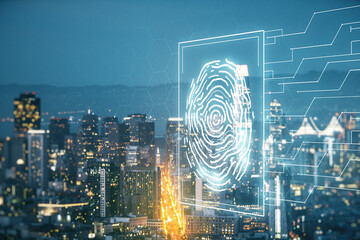 Double exposure of virtual creative fingerprint hologram on San Francisco city skyscrapers...