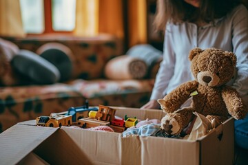 A girl holding a teddy bear in a box. Generative AI