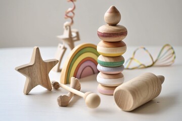 Wooden toys and blocks on a table Generative AI