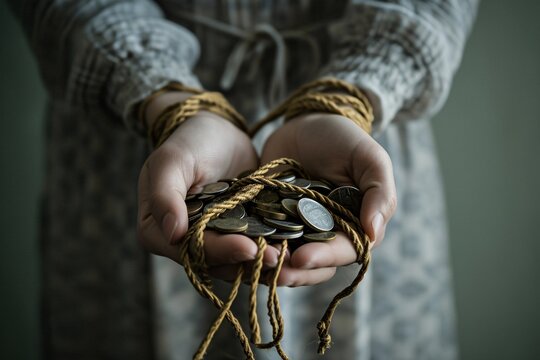 A person holding a bunch of coins with a rope around their wrists. Generative AI