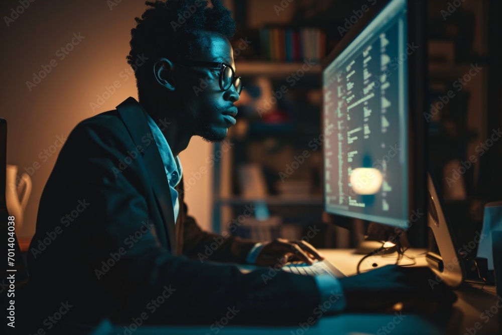 Poster a man wearing glasses and a suit working on a computer generative ai