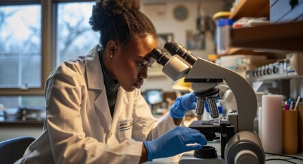 A woman wearing a white lab coat and blue gloves looking through a microscope Generative AI