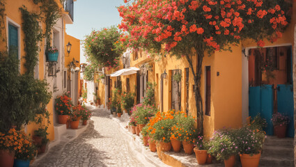 Summer street of Greece with flowers vacation