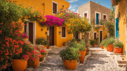 Fototapeta na wymiar Summer street of Greece with flowers scenic