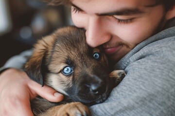 A man holding a puppy with blue eyes Generative AI