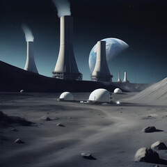An AI generated unrealistic picture of a nuclear power plant which is being operated on the moon and the earth is in the background