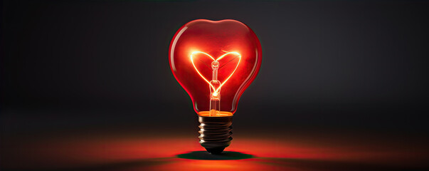 Lightbulb with red heart shape inside. Bulbs on black background.