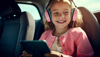 Road trip with children. Entertaining children while traveling. Children with tech. Girl sitting in the back seat of a car, wearing pink headphones and sunglasses while looking at tablet.