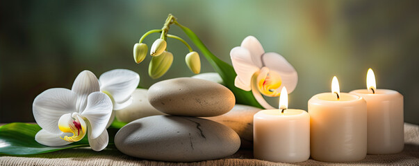 Fototapeta na wymiar Massages stones and candles. Spa relaxation concept.