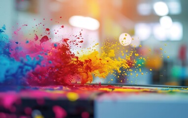 Professional photocopier or printer in an office setting, producing high-quality color prints with vibrant splashes Spilled paint of color.