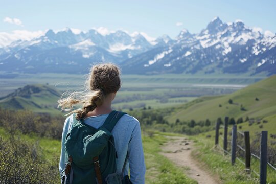 Walking on a mountain trail with a backpack Generative AI