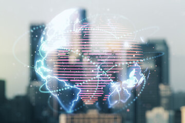 Fototapeta na wymiar Double exposure of abstract digital world map hologram with connections on blurry office buildings background, big data and blockchain concept