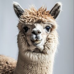 Fototapeta premium A close-up of a cute, fluffy, and wet-haired llama with a smile on its face Generative AI