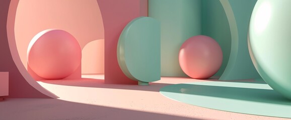 A colorful scene with a pink, green, and blue background, featuring a pink ball, a green ball, and a blue ball. Generative AI