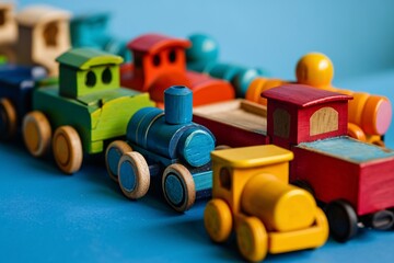 A variety of colorful wooden train cars Generative AI