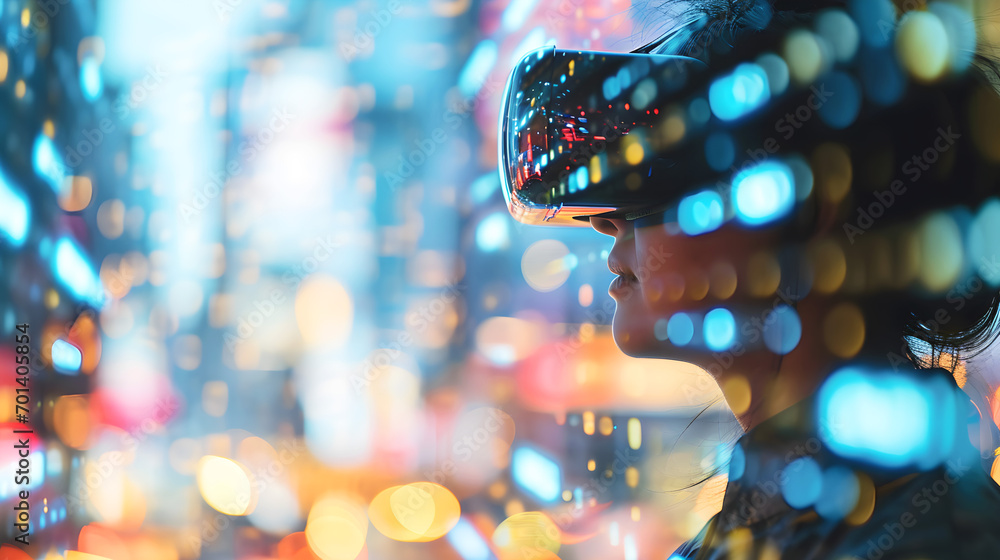 Aufkleber face of person wearing vr behind a virtual screen, streams of binary code. blurred effect. banner
