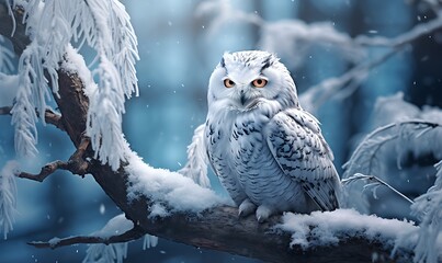 Snowy owl in winter forest. Snowy owl in winter forest