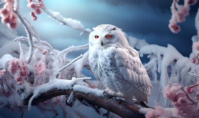 Snowy owl in the winter forest. 3d illustration. Winter background.
