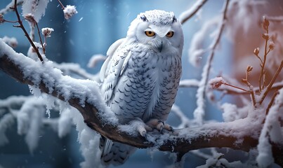 Snowy owl sitting on a tree branch in the snowy forest.