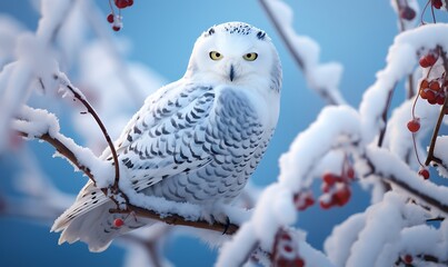 Snowy owl on a branch with red berries in the winter forest