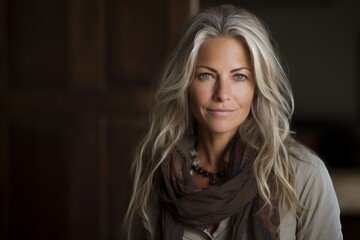 Fototapeta premium Portrait of a beautiful woman with blond hair in a brown scarf