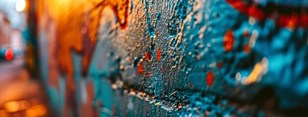 A blue brick wall with orange paint drips and a blue background Generative AI - obrazy, fototapety, plakaty