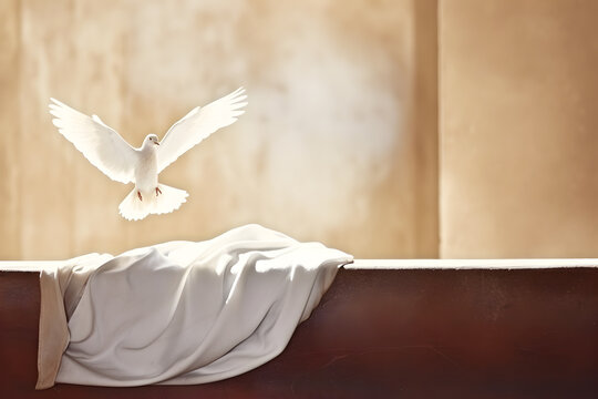 Resurrection Of Jesus Christ Concept. White Bird, Shroud And Crucifixion At Sunrise