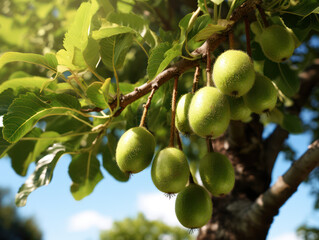 Unripe kiwi fruit hanging on a kiwi tree