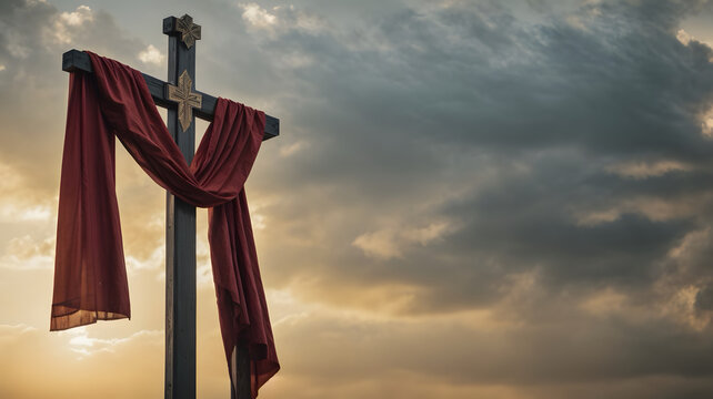 Christian cross with shroud at sunset.